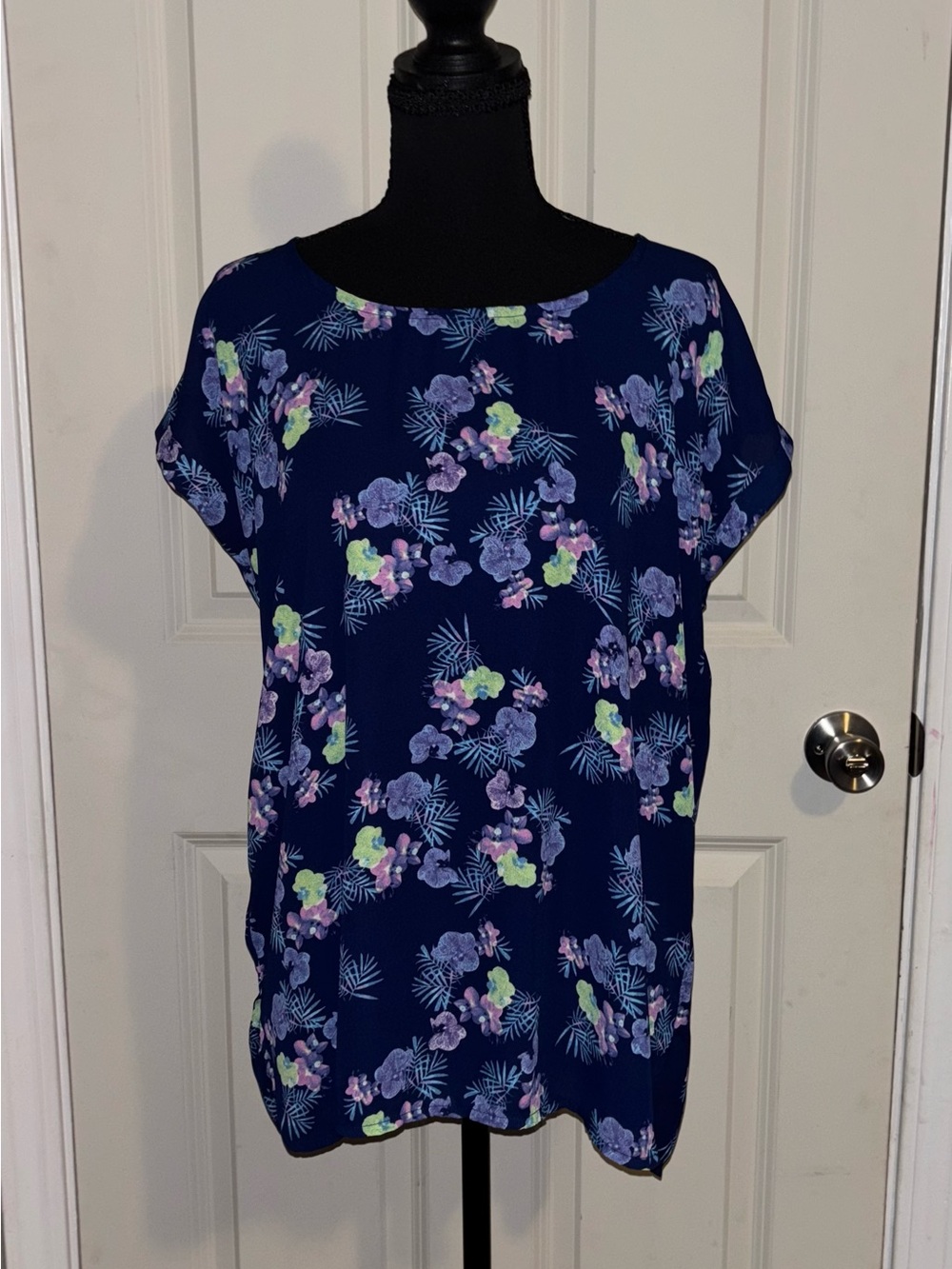 Pink Republic Navy Floral Short Sleeve Boatneck Blouse